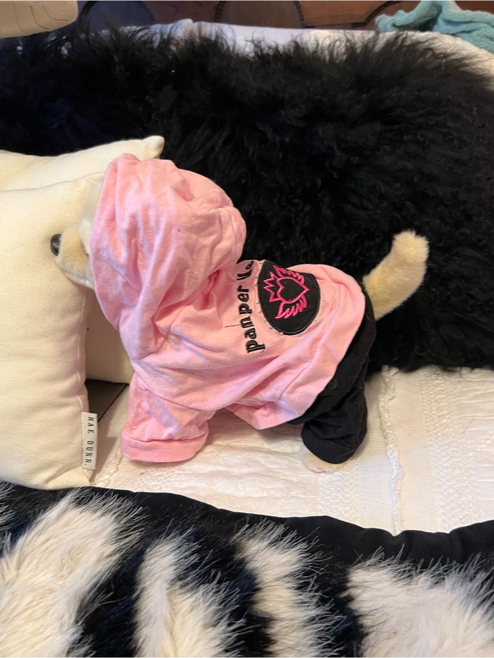 Pink Hooded Dog cotton outfit with Black embroidery & Rhinestones
